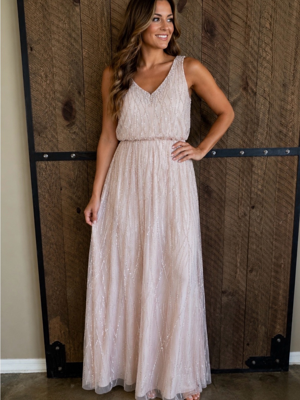 Adrianna Papell by Anthropologie Beaded V-Neck Maxi Dress in Blush Pink
